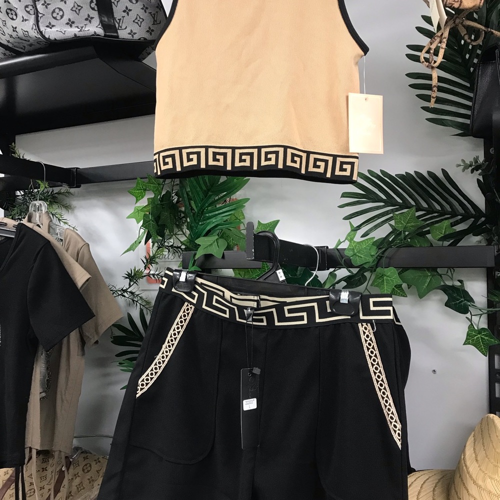 Black Shorts with Beige Greek-Key Trim - Women's Bermuda Shorts